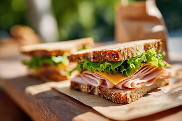 Delicious ham and cheese sandwiches prepared for a picnic at the park in the afternoon sun