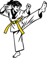 Young girl in karate uniform executing a powerful high kick.