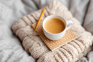 Minimalist journaling setup with coffee on a cozy knitted blanket in a relaxed environment