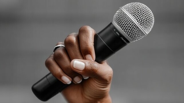 Hand gripping a black microphone in a casual setting - Powered by Adobe