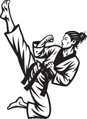A female martial artist performing a high kick in a dynamic karate pose.