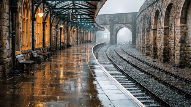 Rainy train station platform,  wet stone, arched roof - Powered by Adobe