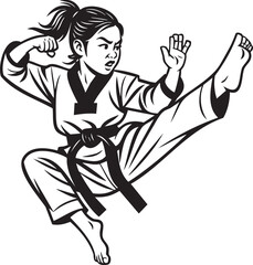 Young girl in taekwondo uniform executing a powerful high kick.