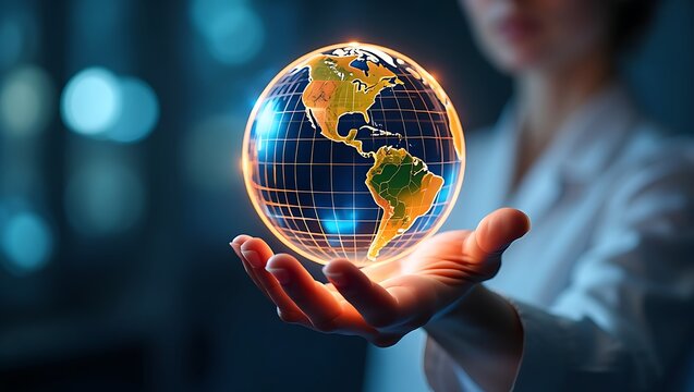 A person s hand holding a glowing holographic globe representing the earth with digital connections and light streaks against a blurred technological background