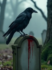 A crow stands on a bloodstained tombstone in a misty graveyard, creating a dark, eerie scene.