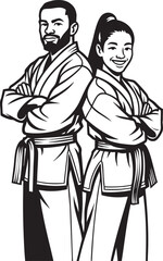 Two martial artists, a man and woman, stand together with crossed arms, smiling confidently.