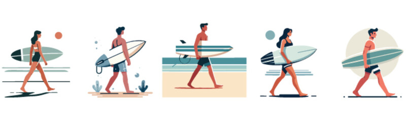 Illustration of people carrying surfboards on the beach in different scenes.