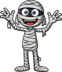 Cartoon Mummy Character, Cute Cad Drawing with Bandages and Fangs, Halloween Monster Vector Art, Adobe Stock Illustration