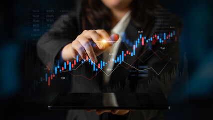 Candlestick chart visualizing financial market trends, investment patterns, price fluctuations, and...