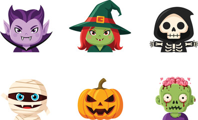 Halloween Character Set, Cute Cartoon Cad Drawing, Vampire Witch Skeleton Mummy Pumpkin Zombie Vector Art, Adobe Stock Illustration