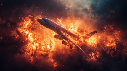 A burning airplane engulfed in flames amidst a dramatic storm cloud explosion.