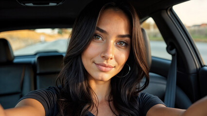 young beautiful woman taking selfie in car