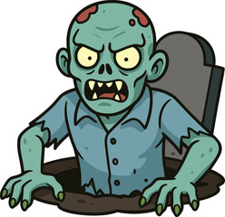 Zombie Rising from Grave Cartoon, Creepy Halloween Cad Drawing, Scary Undead Character Art, Flat Vector Illustration for Adobe Stock
