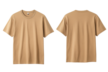 Front and back view of a tan t shirt isolated on transparent background