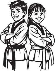 Two young children, a boy and a girl, stand back-to-back wearing karate uniforms with black belts, smiling confidently.