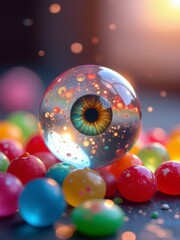 A reflective glass sphere surrounded by vibrant gumballs, creating a festive and playful scene.