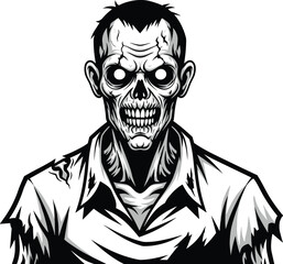Zombie Sketch, Horror Character Illustration, Halloween Monster Design, Creepy Cad Drawing, Scary Undead Figure, Flat Vector Art, Adobe Stock