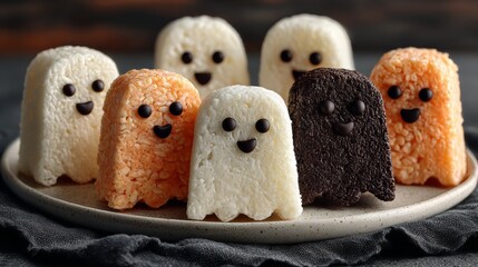 Colorful ghost-shaped rice crispy treats decorated with chocolate eyes and smiles arranged on ceramic plate for Halloween party dessert