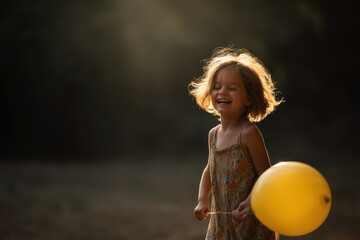 joyful little girl in colorful dress spins around in sunny park laughing with delight