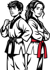 Two young taekwondo practitioners in uniform, showcasing martial arts stance.