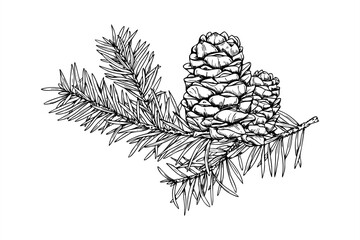 Cedar branch with upward growing cones monochrome vector painted by black inks. Decorative spruce evergreen twig graphic sketch for Christmas decoration, winter themed packaging, Scandinavian design