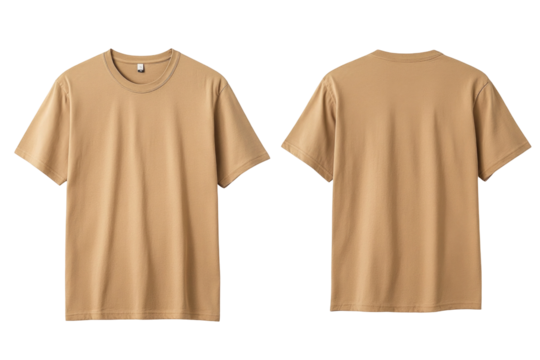 Front and back view of a tan t shirt isolated on transparent background