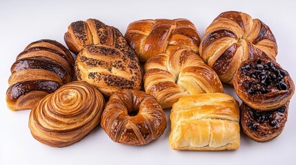 Fototapeta premium Assorted Freshly Baked Pastries and Breads on White Background