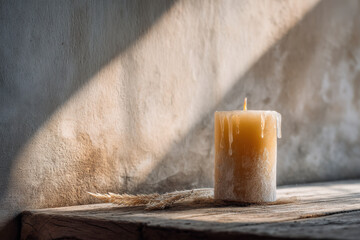 beautifully crafted candle with dripping wax stands on rustic wooden board illuminated by warm evening light