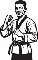 Smiling black man in karate uniform, ready for a powerful strike.