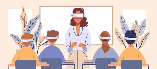 Students classroom virtual reality teacher modern education technology learning people sitting at desks plants background interactive lesson