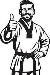 Happy martial arts instructor giving thumbs up, black belt, smiling, confident.