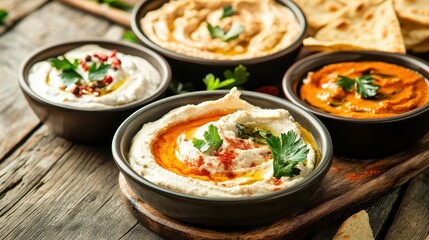 Assorted Hummus Varieties with Fresh Ingredients on Rustic Table
