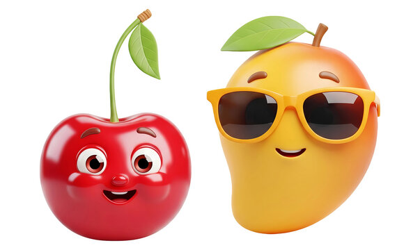 3D cute cartoon happy cherry and mango with sunglasses characters isolated on transparent background, PNG file add