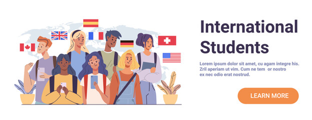 International students diverse group multicultural young people holding books backpacks smartphones world map national flags website banner