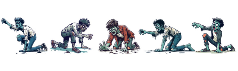 Five zombies crawling and reaching towards something, animated, with blue skin.