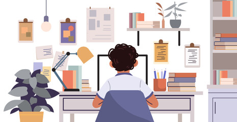 Student studying at desk back to school workspace computer books lamp plant organized shelves wall decor modern home learning