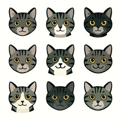 Set of nine cute cartoon tabby cat head icons with yellow eyes, isolated vector pack