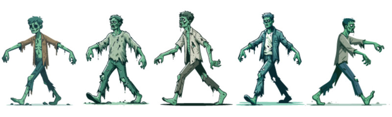 Fototapeta premium Five undead figures walking forward, depicted with tattered clothes and green skin.