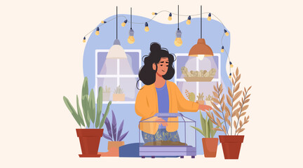 Woman indoor gardening houseplants terrarium care cozy home scene string lights potted plants modern interior flat design