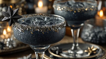 Two coupe glasses with charcoal-black margaritas decorated with black sugar and glitter rim, served on elegant dark table with candles