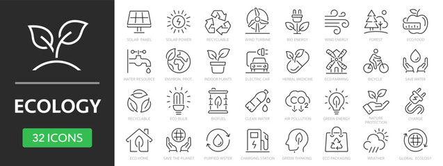Ecology line icon set. Recycle, solar power, eco, nature, eco farming, green, environment, bio energy, clear water - stock vector.