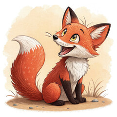 A smiling red fox with fluffy fur, sitting with its bushy tail curled around its paws. The fox has big, pointy ears, sparkling golden eyes, and a mischievous yet friendly grin