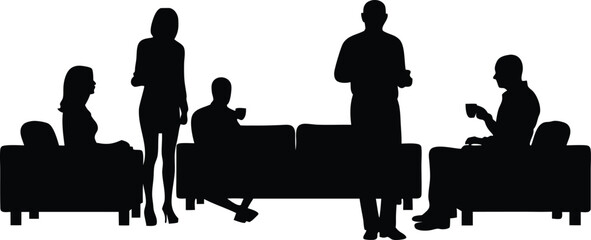 Silhouetted figures in a modern social setting representing leisure relaxation and discussion enjoying coffee or beverages