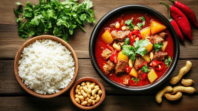 Authentic Spicy Meat and Vegetable Stew with Rice on Rustic Table