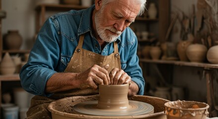 Senior artisan shaping clay with concentration in his pottery studio with expertise