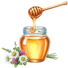 a glass jar of golden honey with a wooden dipper and wildflowers, watercolor clipart