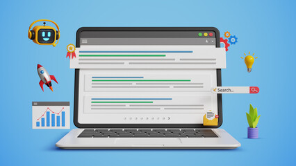 SEO optimization for search result, AI SEO, promote website, organic search results. Boost web traffic with help of AI. 3D laptop with top search ranking, smart bot assistant and marketing icons