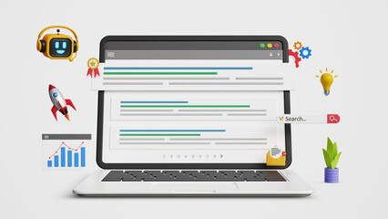 Search engine optimization, AI-powered SEO strategies, promote website, organic traffic with automation tools. Top search rankings with smart AI bots and strategic digital marketing on 3D laptop