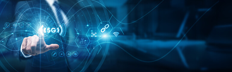 Network engineers hand-touch signals. 5G technology infrastructure, latency speed connectivity broadband IoT transmission mobile smart devices, and automation systems integration.