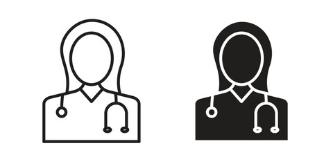 Woman Doctor icon in a black stroke vector design and flat solid version on white background